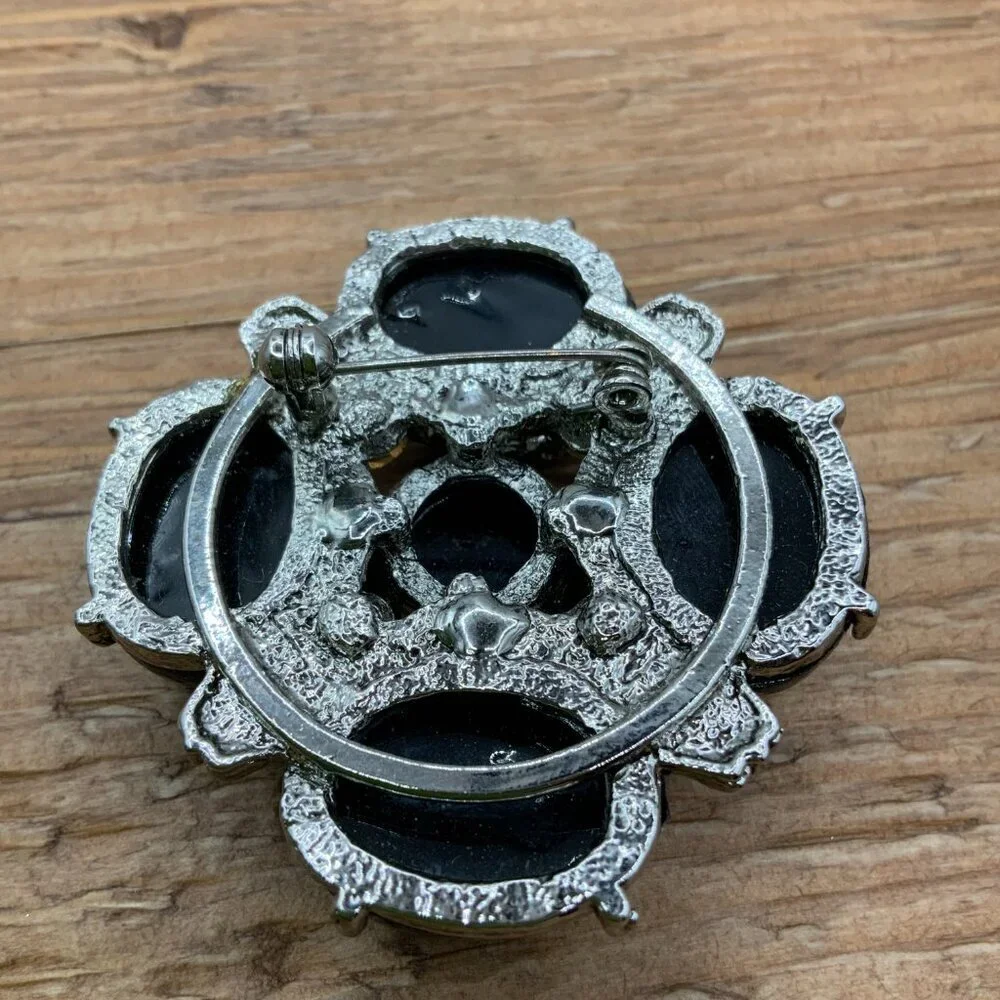 Dark Green Lucite Cabochons Vintage Silver Tone Black Rhinestone Center Brooch